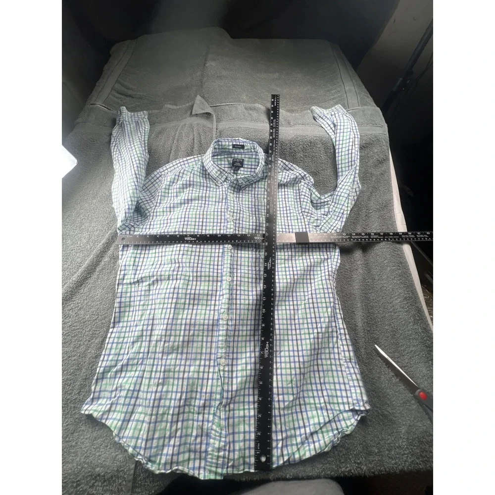 J Crew Flex Washed Classic Fit Plaid‎ Button Down Shirt Mens Large Blue Green